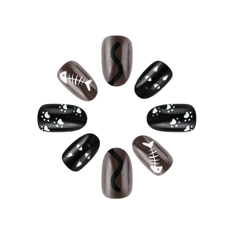 TOGZOM Halloween Press on Nails Short Oval Fake Nails Balck Cat Acrylic Nails with Designs Stray Cat Glue on Nails Short Almond False Nails Stick on Nails for Women Nails Deco 24Pcs - Image 3